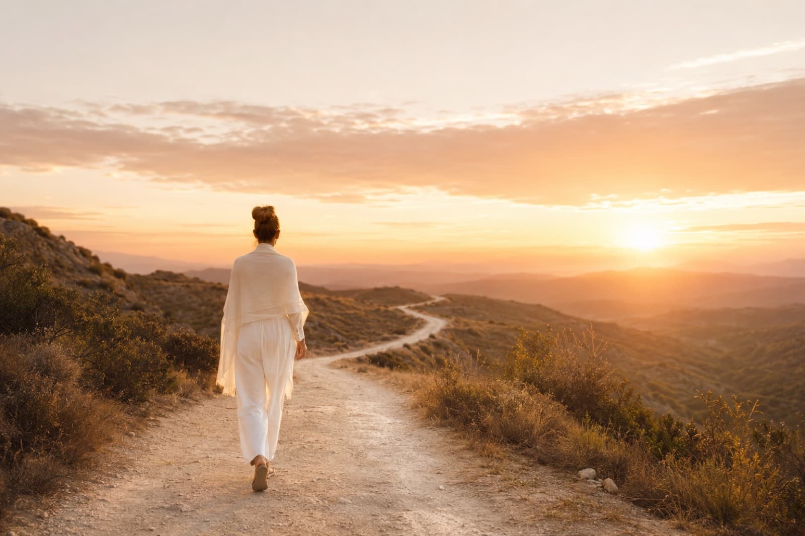Woman in white walking along a winding path towards a luminous sunrise.