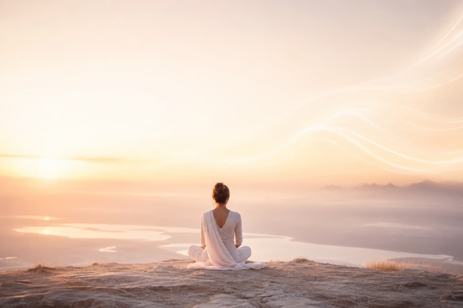Woman meditating in white above a soft pastel landscape at dawn.